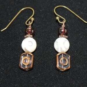 New White Agate  and Glass Beaded Drop Earrings, Brass Ear Wires